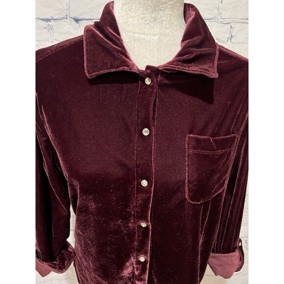 French Laundry Maroon Velvet Rhinestone Snap Long Sleeve Shirt Size Medium - Picture 2 of 7